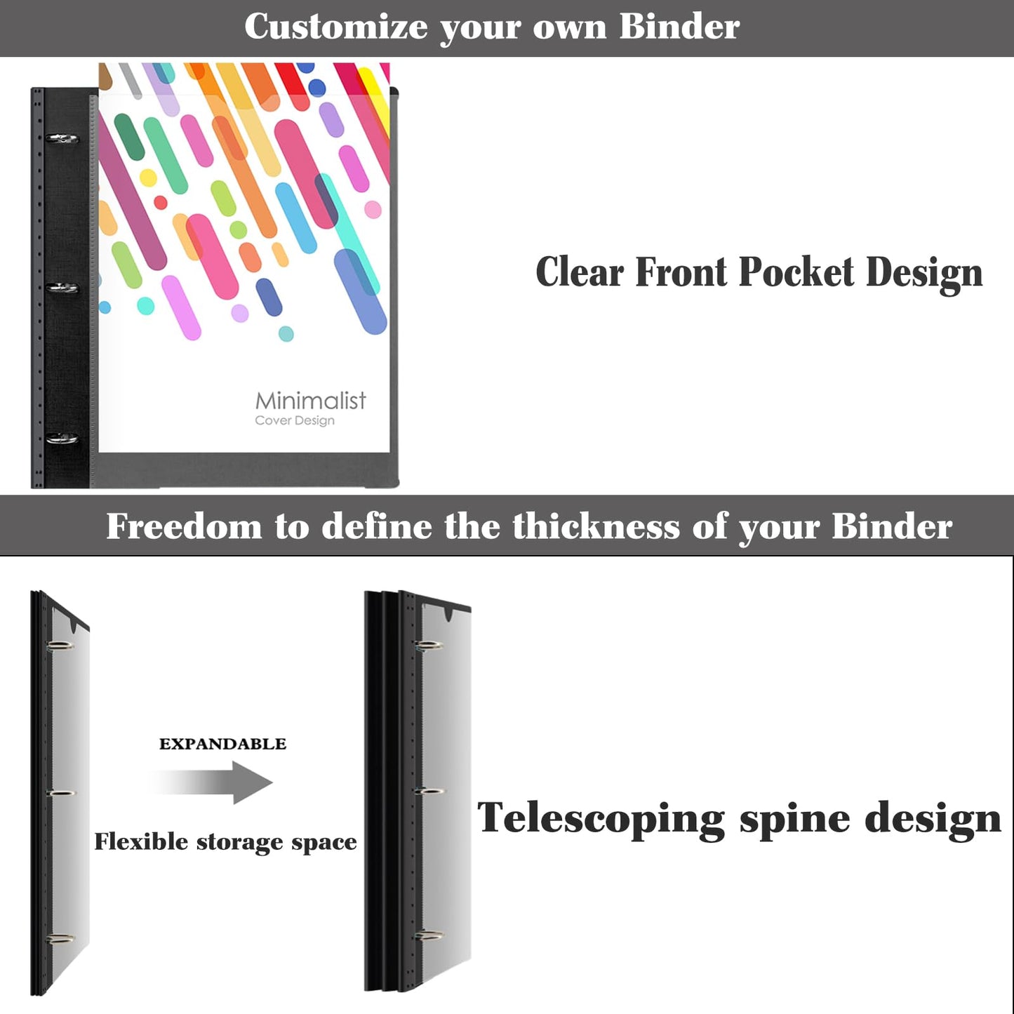 INFUN 1 Inch Telescoping Project Organizer Binder-2PCS,13 Pocket, Customizable Front Cover, 5 Colors Pocket Divider and Plastic Binder Pocket，225 Sheet Capacity-Black