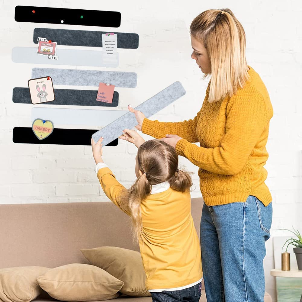 Vuzvuv 8 pcs Bulletin Board Bar Strips with 50 Pushpins & 10 Wooden Clip pins，Self Adhesive Cork Board for Wall，Felt Pin Board for School，Office Decor（Black White Grey）