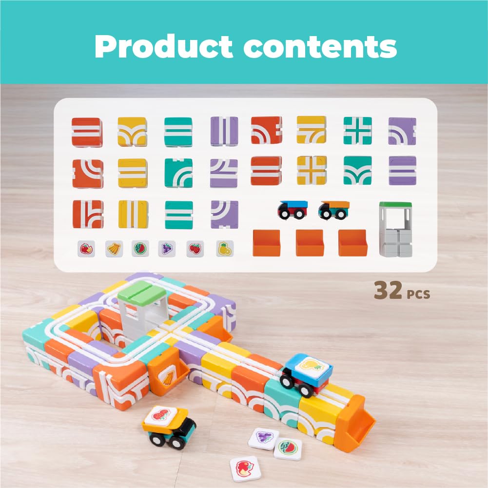 QBI Magnetic Blocks for Toddlers Ages 2-4｜STEM Magnetic Building Blocks with Trucks & Fruit Tiles｜Montessori Magnet Building Cubes for Kids｜Educational Gifts for Boys & Girls Ages 2+ (32PCS)
