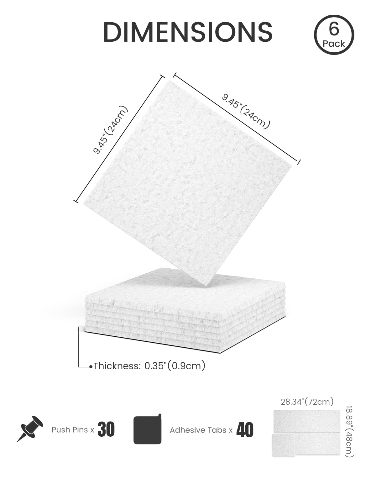 Felt Bulletin Board Tiles -28"x18" Cork Board Alternative for Office Decor, Push Pin Board Wall Organizer 6-Pack - Silvery Gray
