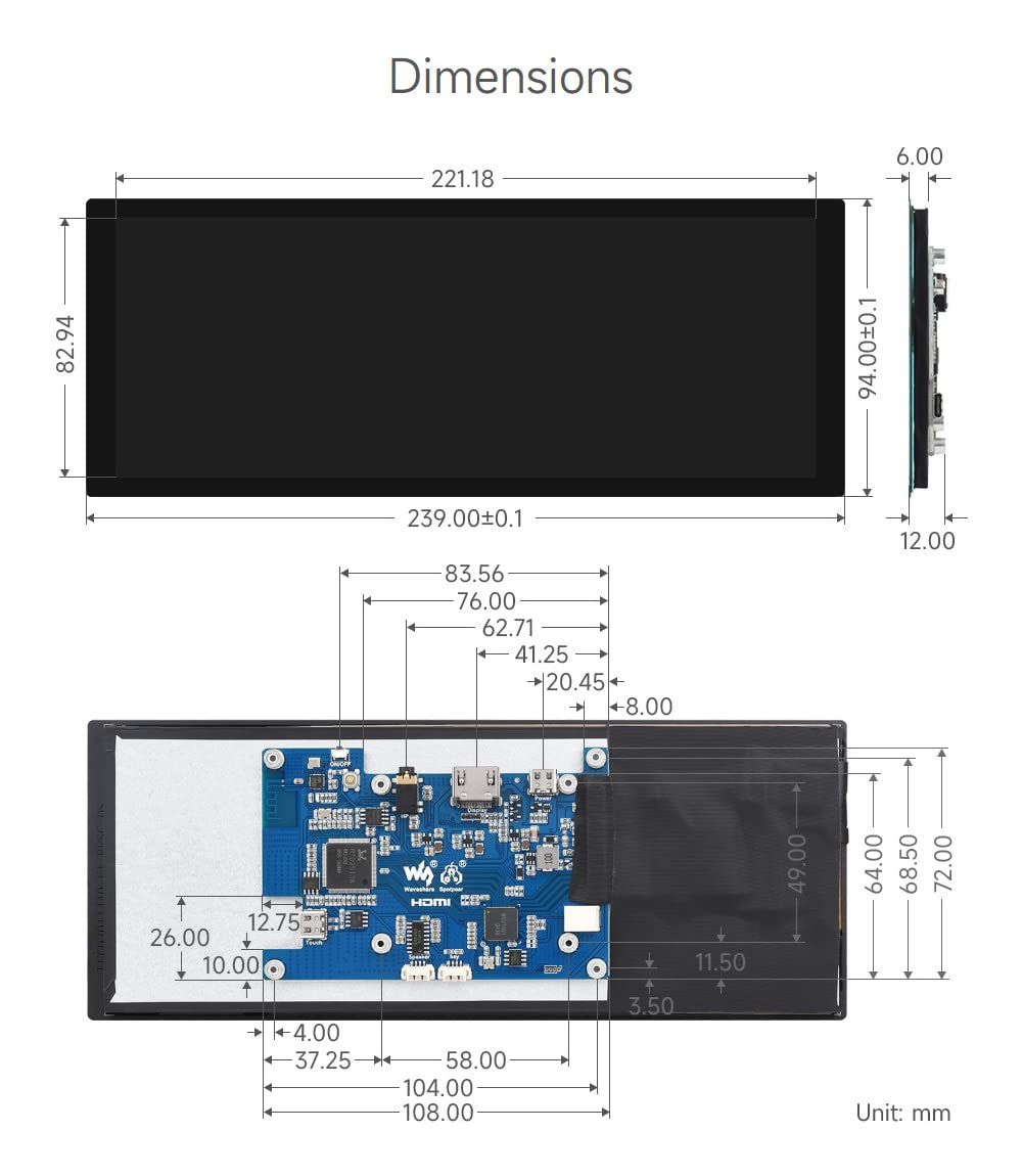 waveshare 9.3inch Capacitive Touch Display, 1600×600 Resolution, Raspberry Pi 5/4B/3B/Zero/Zero W/Zero 2W/Pico/Pico W/Pico WH, Support Jetson Nano/Jetson Orin Nano, Supports Windows 11/10/8.1/8/7