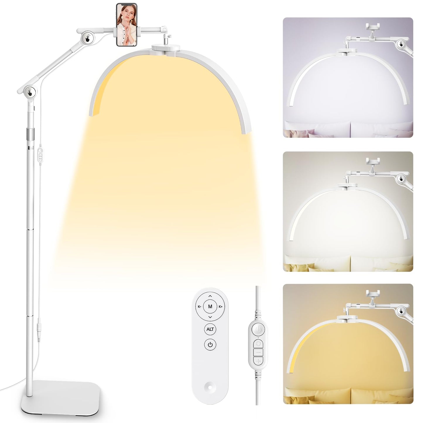 LIONVISON Foldable Half Moon LED Lash Light with Phone Holder, Aluminum, White, Model 0001