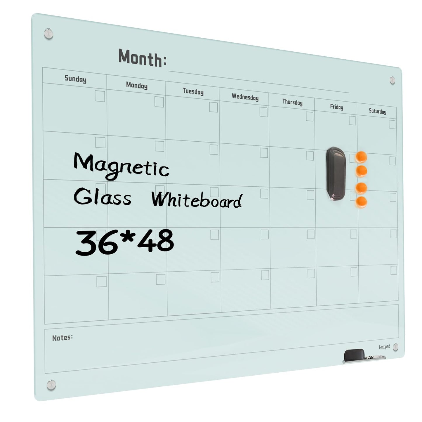 Magnetic Glass Dry Erase Board Calendar- White Board 48 x 36 Inch Wall Mounted Monthly Whiteboard, Large Frameless Glass White Board for Wall Office, Home & School