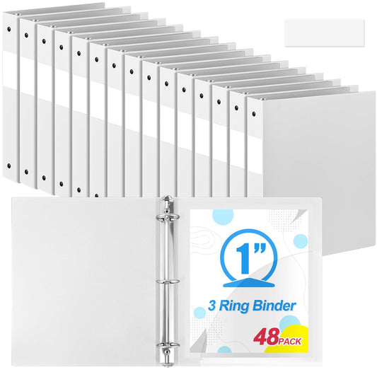 Henoyso 48 Pack 1 Inch 3 Ring Plastic Binders, Bulk Flexible PP Binders for Classroom & School Supplies, Letter Size 8.5 x 11, Holds 240 Sheets with Interior Pocket (White)