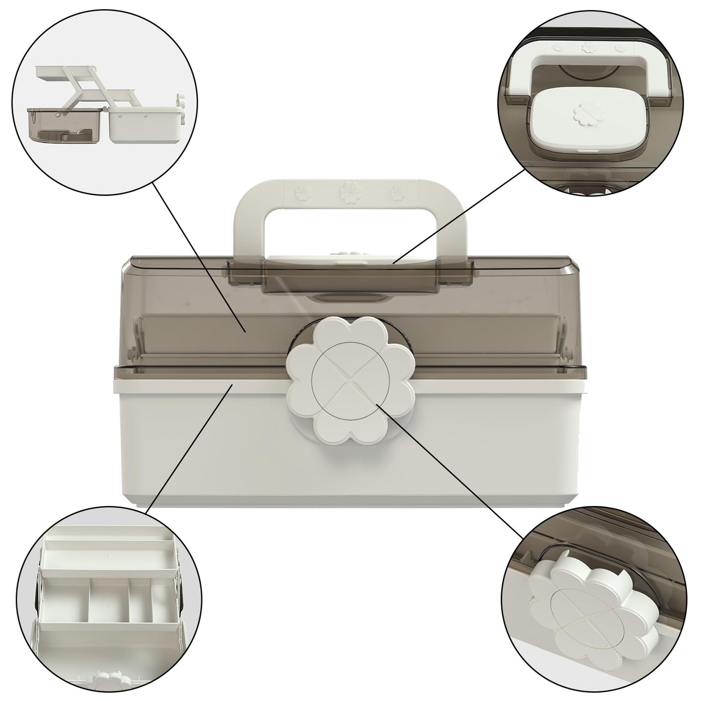 Covetree Hair Accessories Organizer with Handle, Lockable Three-Layer Multipurpose Art Supplies Storage Box and Plastic Jewelry Box, Sewing Organizer (White)