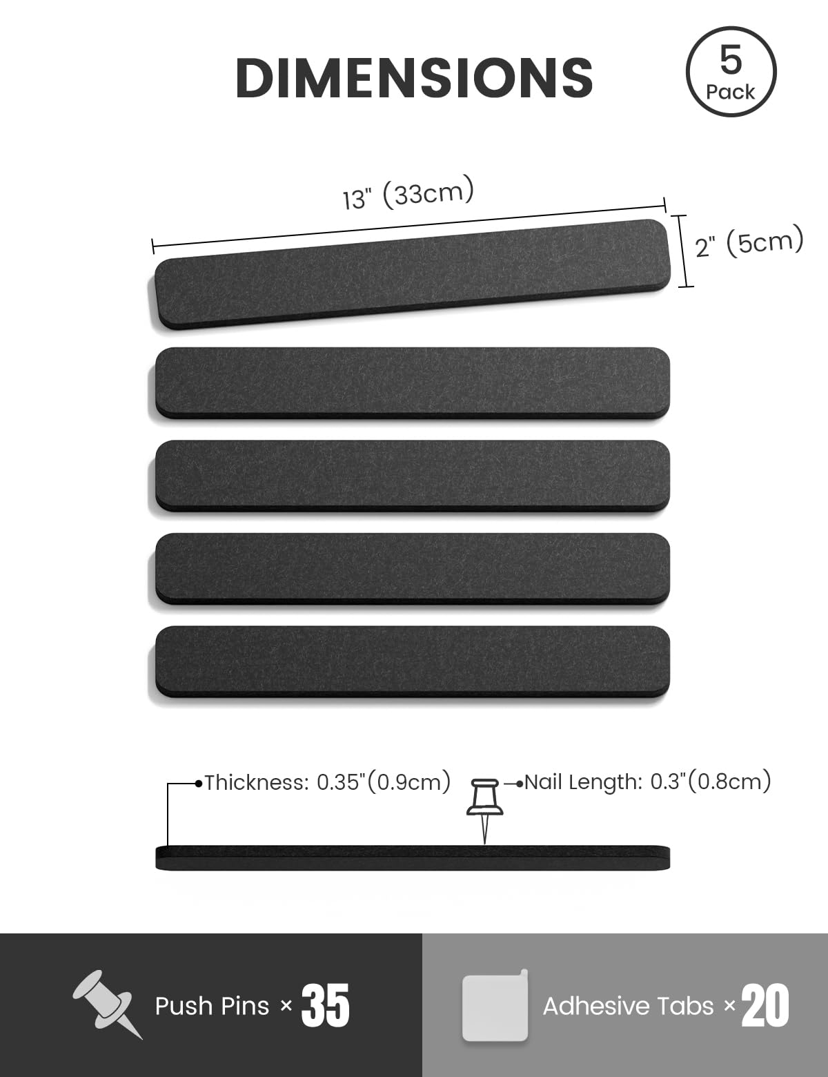 Fluxynara Cork Board Alternative Felt Strip Board 5-Pack 13"x2", Office Pin Board with 35 Push Pins, Adhesive Install for Bedroom Door & Home Office (Black)