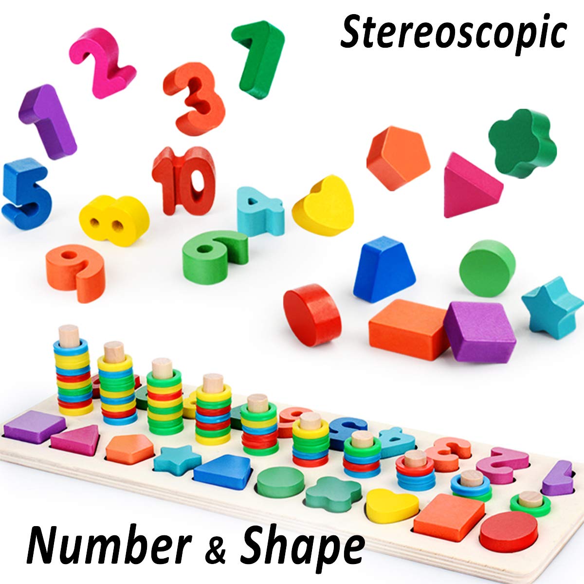 CozyBomB™ Montessori Educational Wooden Toys for Kids Toddler Number Puzzles Sorter Counting Shape Stacker Stacking Game Preschool Math Blocks Toys Gifts for Boy Girl Birthdays Christmas Holidays