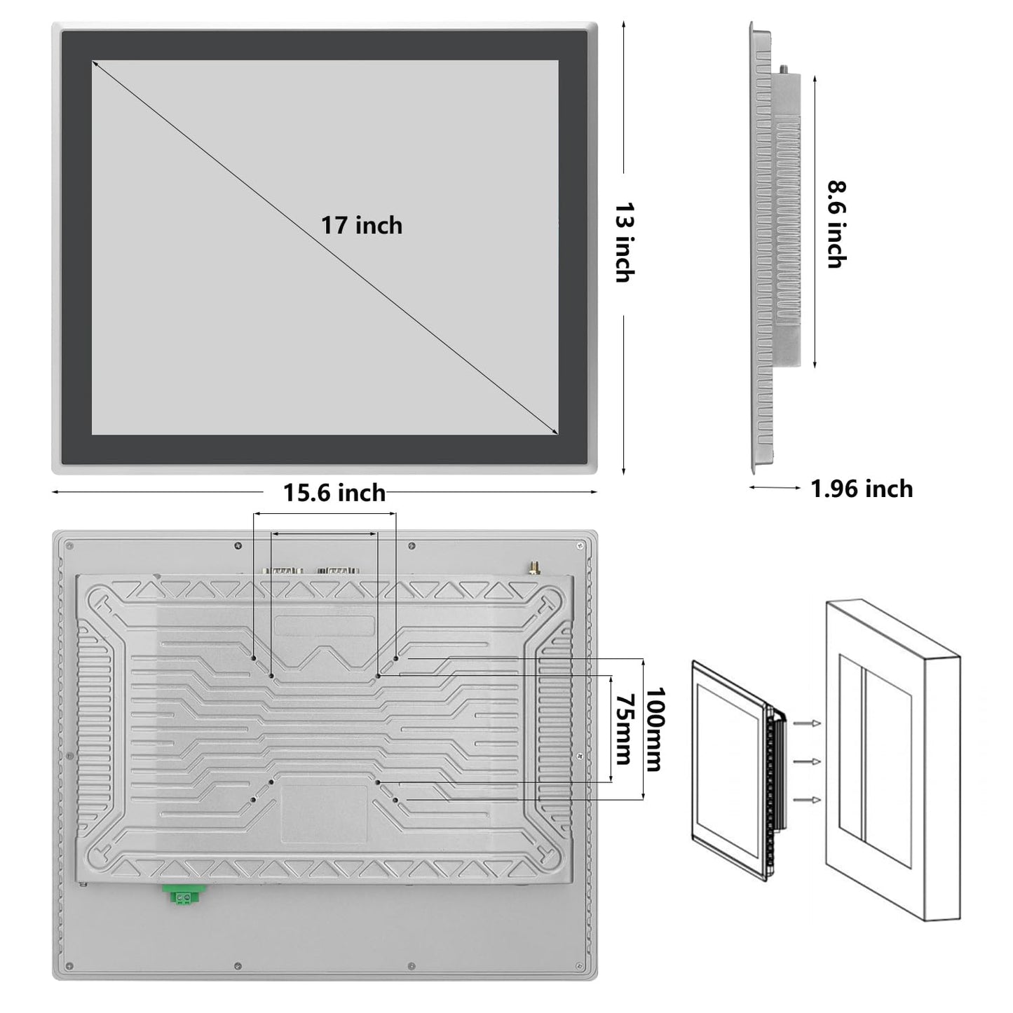 TouchWo 17 inch Industrial Embedded Touchscreen Monitor, Capacitive Multi-Touch Screen Industrial Front IP65 Monitor Built-in Speakers, HD-MI in, USB, VGA, 5:4 1280x1024 Display