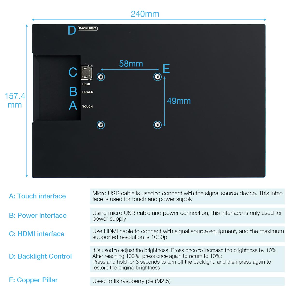 Hosyond 10.1" IPS LCD Capacitive Touchscreen Monitor HDMI Display 1280x800 for Raspberry Pi 5/4/3B+ Xbox PS4 Windows 7/8/10