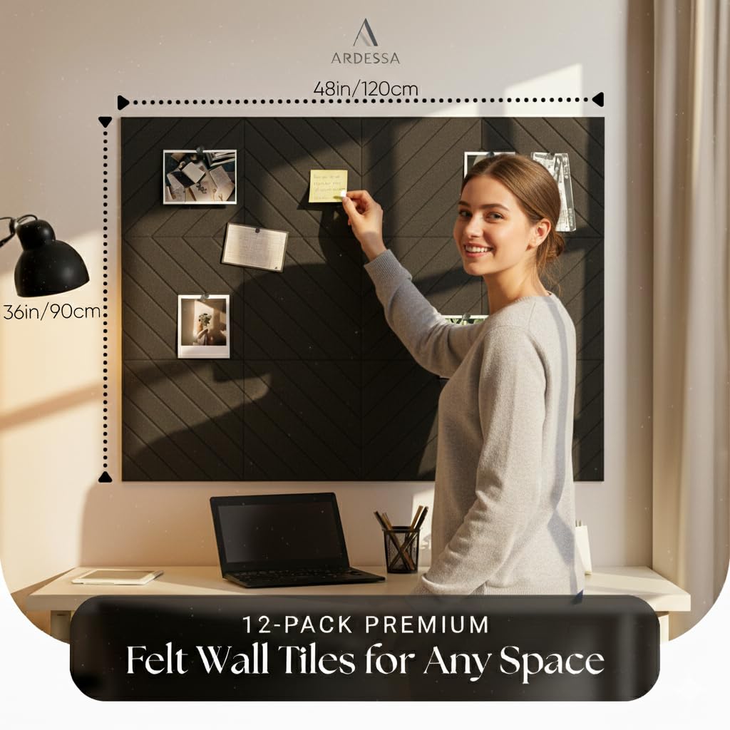 Felt Bulletin Board for Wall – Diagonal Slat Pinboard Tiles, Cork Board Alternative, 36x48in, Push Pins & Adhesive Tabs, Home Office & Classroom, 12-Pack (Black)
