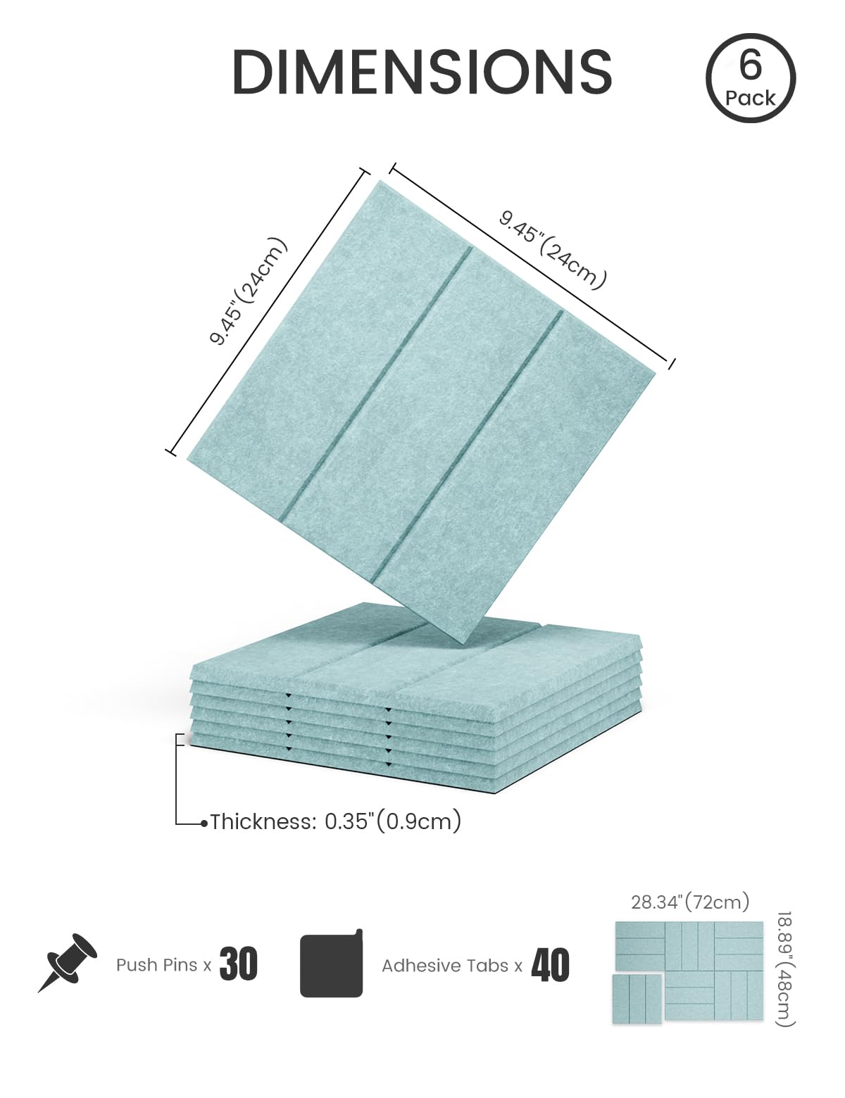 Felt Bulletin Board Tiles -28"x18" with 40 Adhesive Tabs, Cork Board Alternative for Office Decor, Push Pin Board Wall Organizer 6-Pack (Teal Blue)