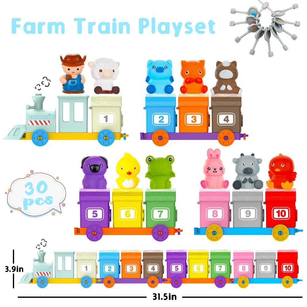 Kimicare Learning Montessori Toys for Toddlers, Sensory Farm Animals Train Toys with 10 Finger Puppets 1 Farmer, Counting Matching Sorting Barns with Keys Birthday Gifts Christmas Stocking Stuffers