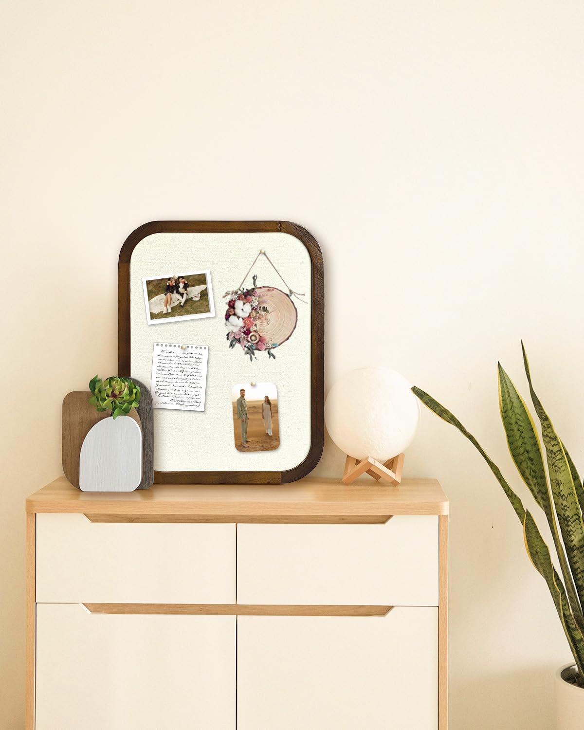 Linen Bulletin Board, Pin Board for Walls, Fabric Bulletin Board, 13"x17"Small Pin Board for Home Kitchen Office Decorative, Brown Wood Frame Cork Board(BN-3343)