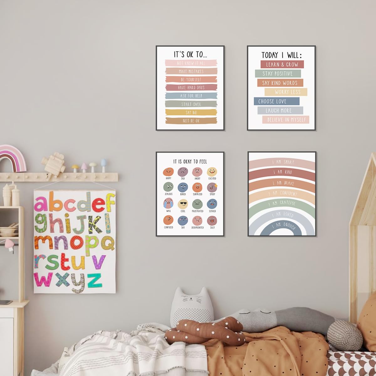 PLKMN Boho Rainbow Wall Art Set of 4, Inspirational Kindness Posters for Kids Room, Mental Health Decor for Nursery, Classroom, 8x10 Inch, Unframed