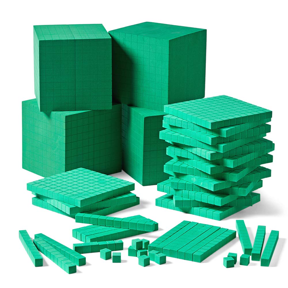 hand2mind Green Foam Base Ten Blocks Complete Set, Place Value Blocks, Counting Cubes for Kids Math, Base 10 Math Manipulatives for Kids, Kindergarten Homeschool Supplies (Set of 1610)