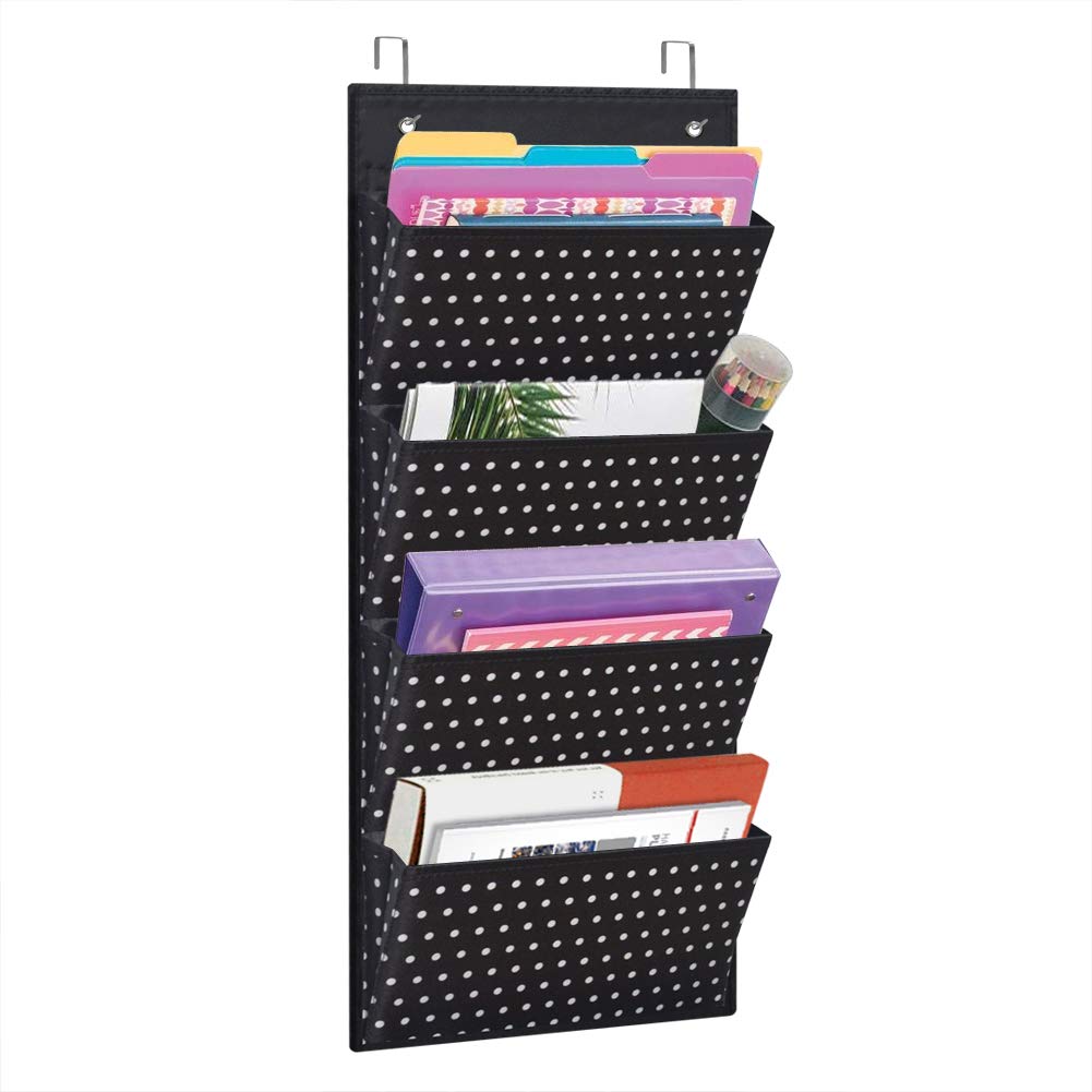 Eamay 4 Pocket White Dots Wall Mount/Over Door File Hanging Storage Organizer - Office Supplies, School, Classroom, Office or Home Use