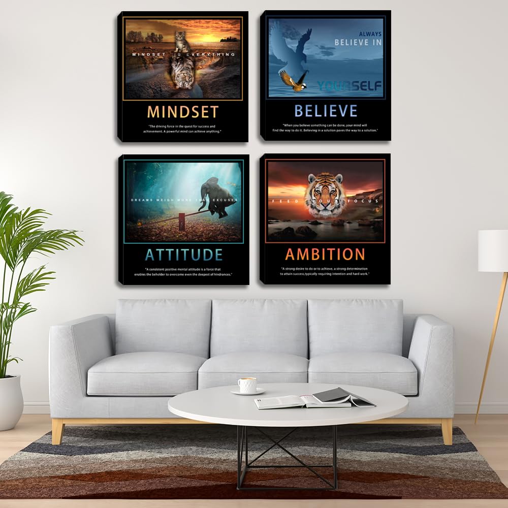 Motivational Wall Art Inspirational Canvas Poster Print Modern Inspiring Entrepreneur Quotes Animals Painting Picture Office Wall Decor Framed Artwork 4 Pieces Living Room Bedroom Workplace Decoration