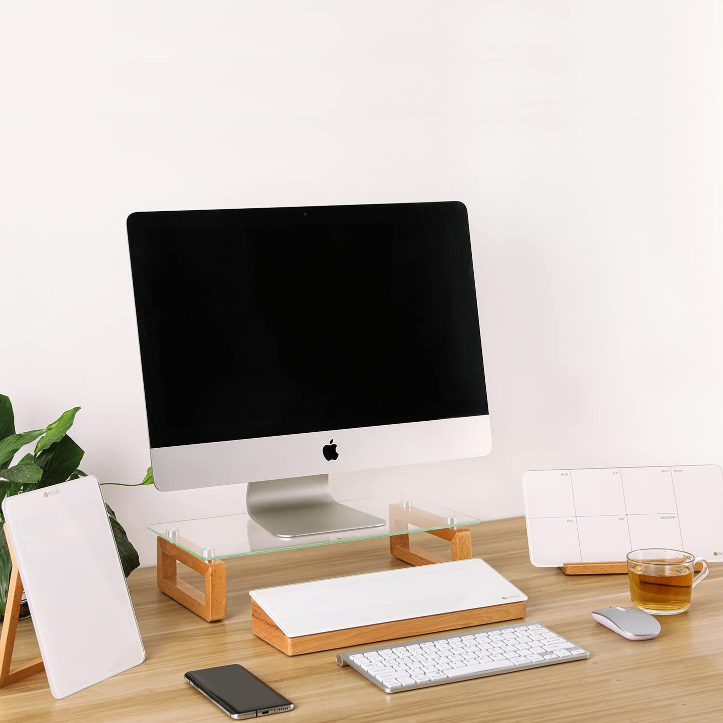 Glass Desktop Whiteboard with Wood Organizer for Small Office Accessories, Aesthetic Desk Dry Erase White Board with Drawer for Home Office Cubicle, Marker & Eraser Included, Yeoux