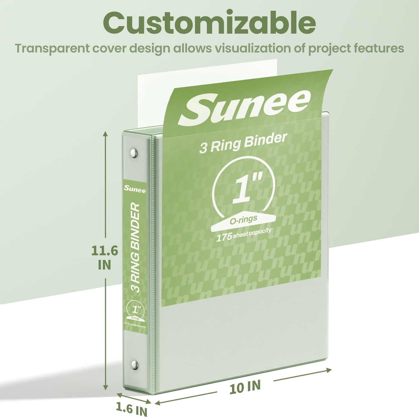SUNEE 3 Ring Binder 1 Inch 2 Pack, Clear View PVC-Free (Fit 8.5x11 Inches) for School or Office, Sage Green