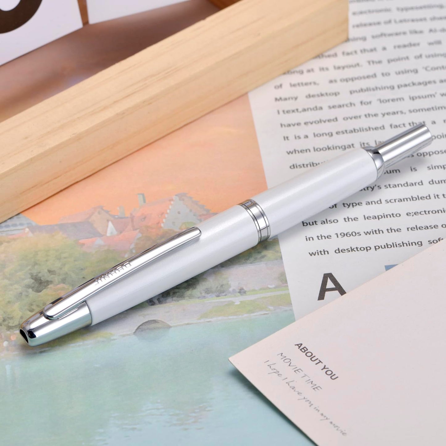 Jinhao 10 Press Fountain Pen with Box, Pearl White Retractable Extra Fine Nib with Ink Converter Set (Silver Clip)