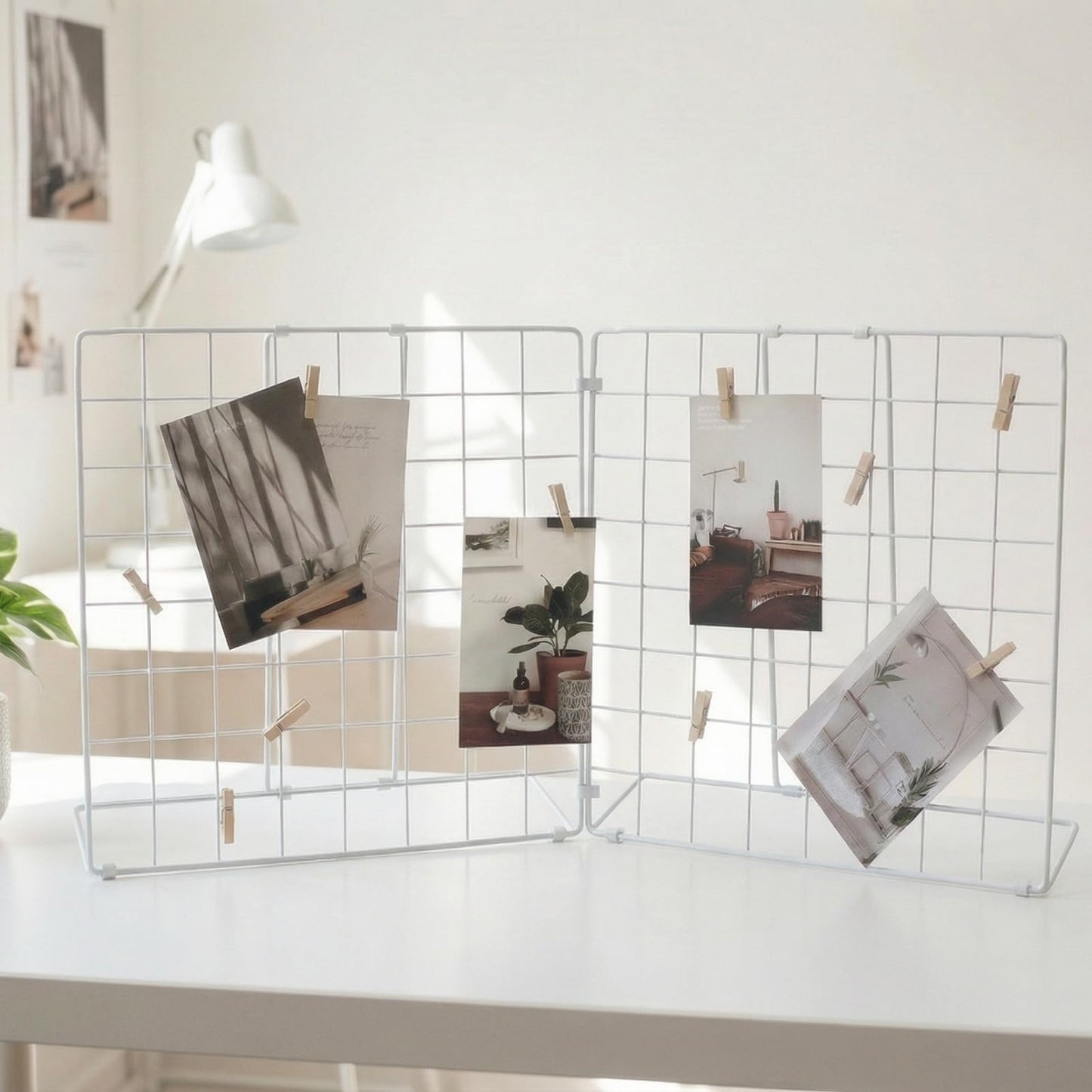 JAJAGOU Foldable Desktop Photo Display Rack & Grid Display Board with 20 Wooden Clips – Photo, Accessory & Handcraft Display Organizer for Home Office White