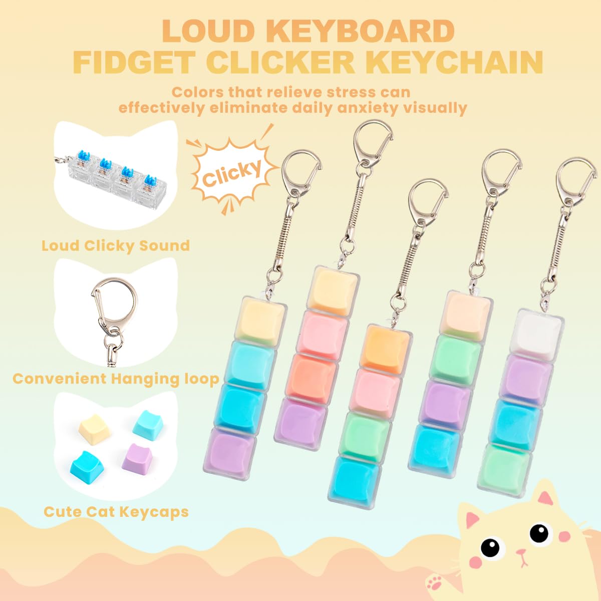 5Pcs Keyboard Fidget Toy, Loud Fidget Keyboard Keychain 4-in-1 Keyboard Clicker Fidget Toy Stress Relief, Cute Button Clicker Fidget Sensory Fun Toys for Anxiety Decompression (Cat)