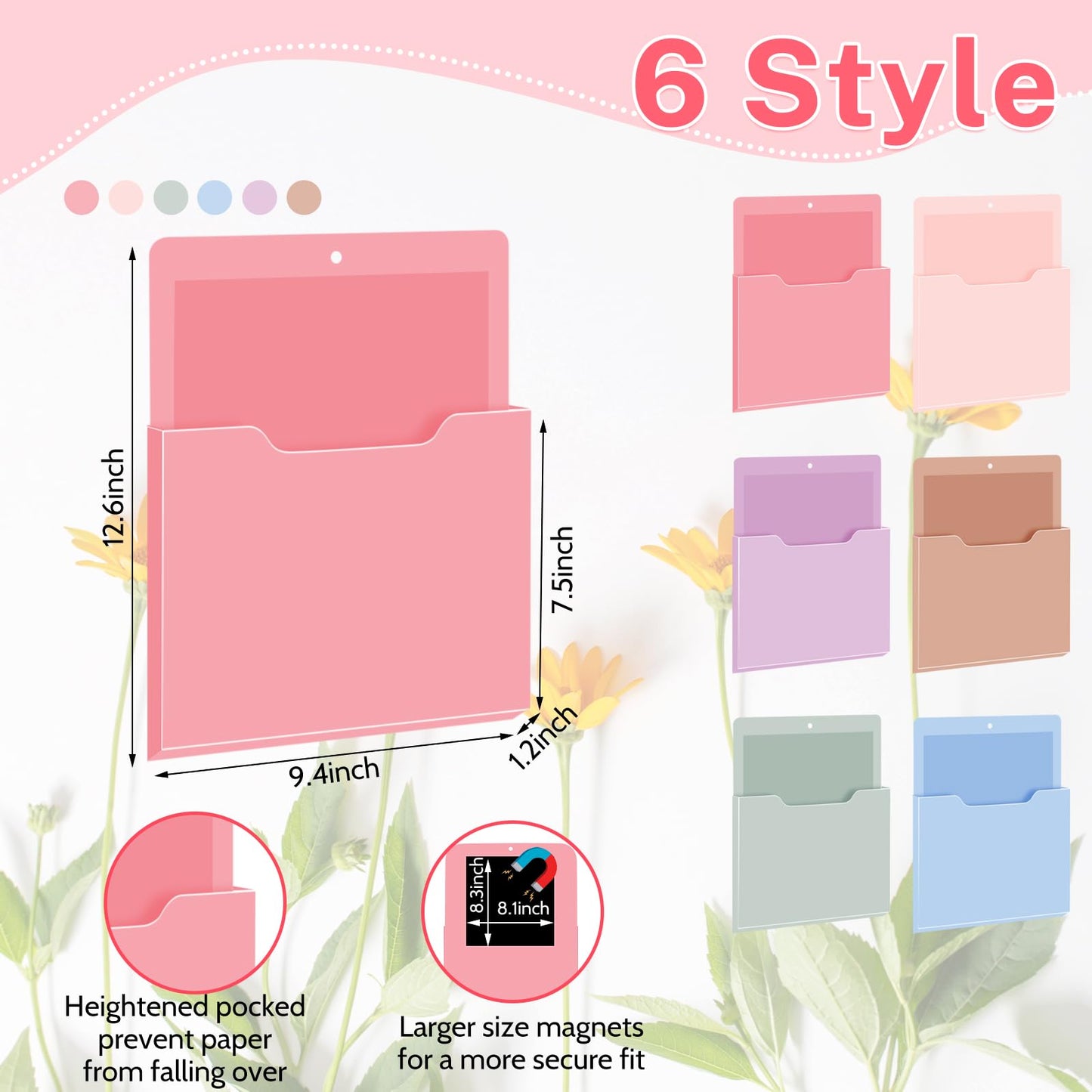 Fuutreo 6 Pcs Magnetic Wall File Organizer Magnetic Wall File Holder Refrigerator Magazine Holder for Mail Letters Paper(Aesthetic Color,Vertical-large)