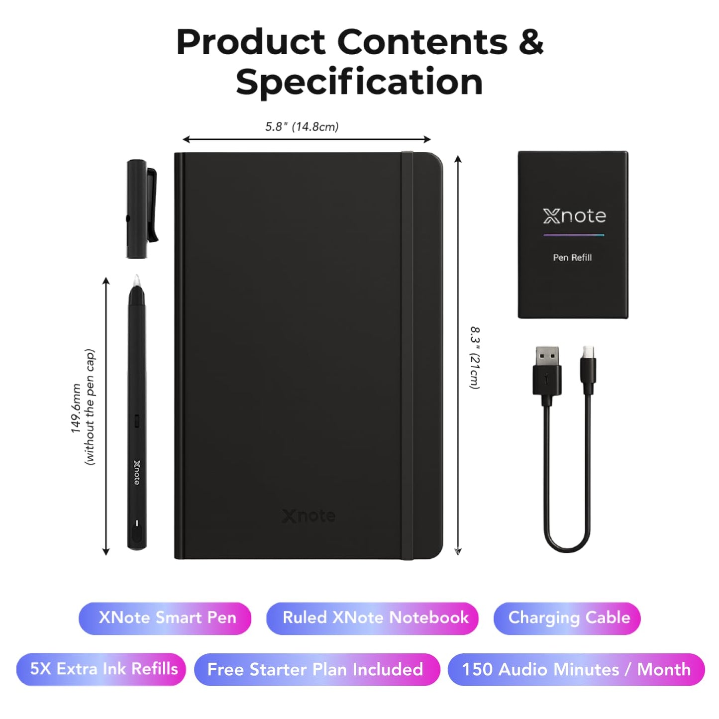 XNote Smart Pen & Notebook Starter Set – AI-Powered Digital Note Taking, Real Paper Writing Syncs to App, Bluetooth Smart Notebook, 17-Hr Battery, Official Bundle with 5 Ink Refills