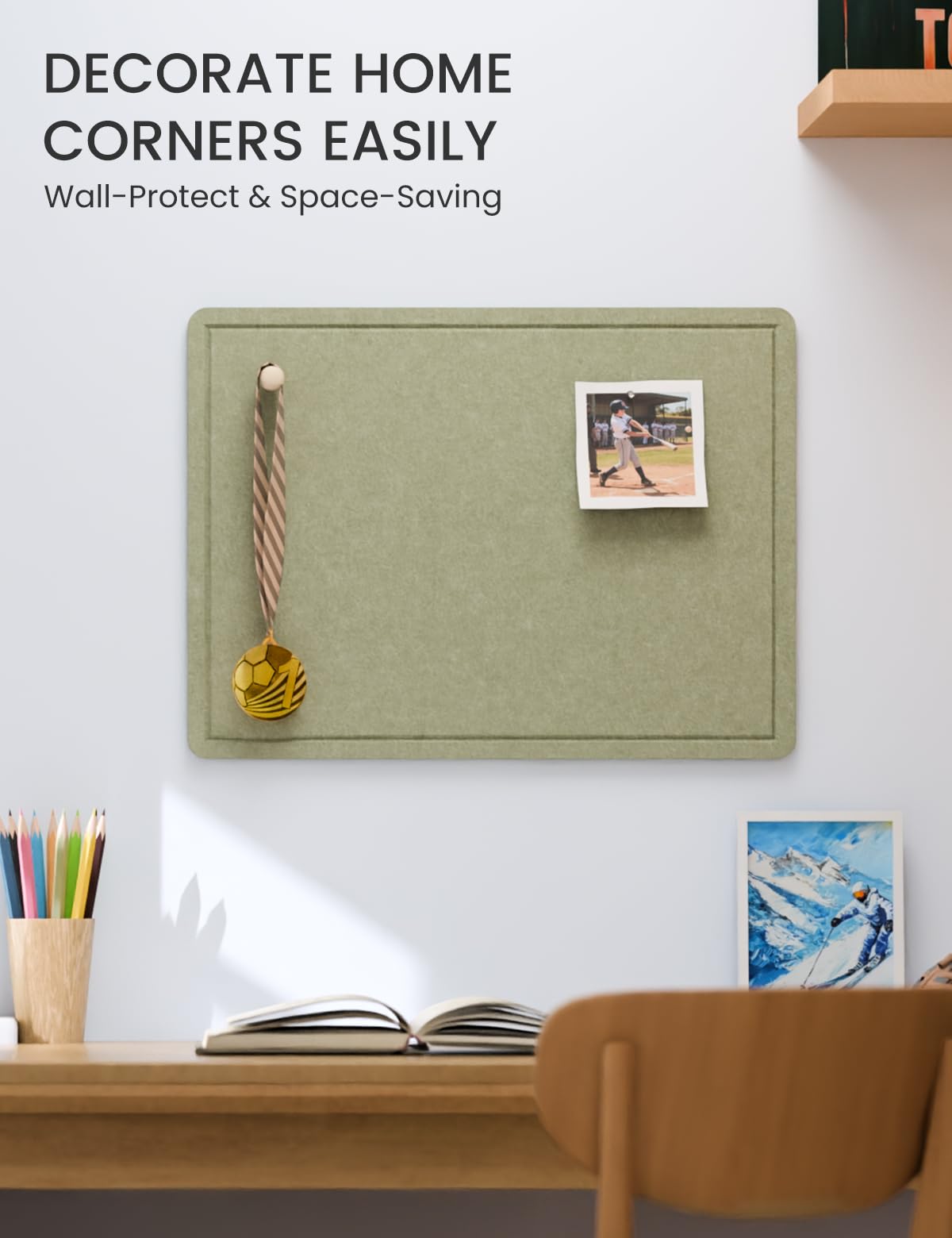 Fluxynara Bulletin Board, 23.6" x 17.5" Cork Board Alternative with 12 Safe Removable Adhesive Tabs, Foldable Felt Pin Board for Home Office, Classroom, Bedroom,Entryway for Walls—Sage