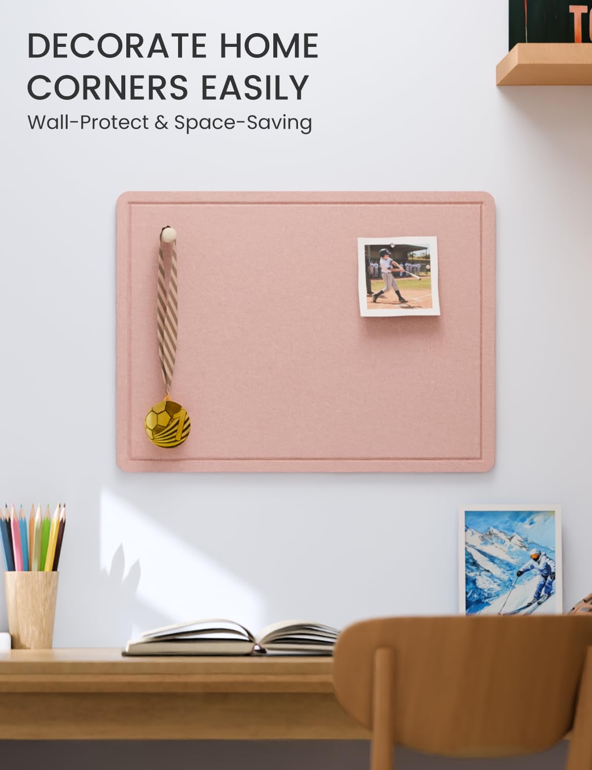 Fluxynara Bulletin Board, 23.6" x 17.5" Cork Board Alternative with 12 Safe Removable Adhesive Tabs, Foldable Felt Pin Board for Home Office, Classroom, Bedroom,Entryway for Walls—Pink