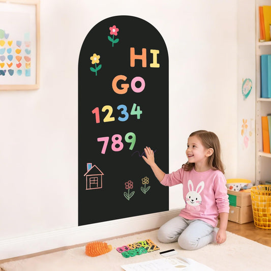 OMKSIH Magnetic Wall Decal for Kids 39.3x17.5 Inches Black Magnetic Wall Decal Arch Chalkboard with Colorful Liquid Chalks Multiple Accessories for Home Playroom and Classroom