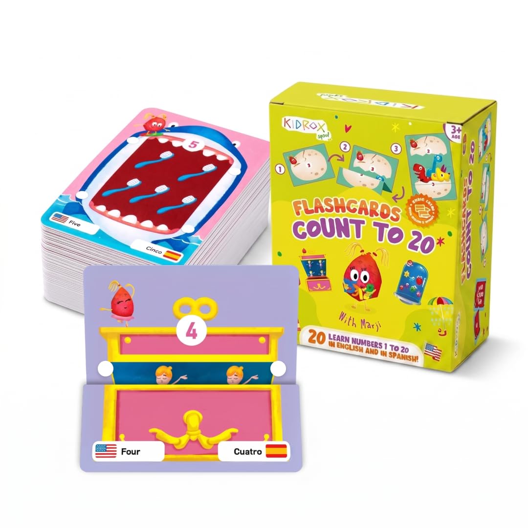 KIDROX Count to 20 Flashcards – Open & Discover Hidden Surprises! Learn Numbers 1–20 in English & Spanish with Marji | 20 Fold-Out Cards | Fun Counting Game for Kids 3+
