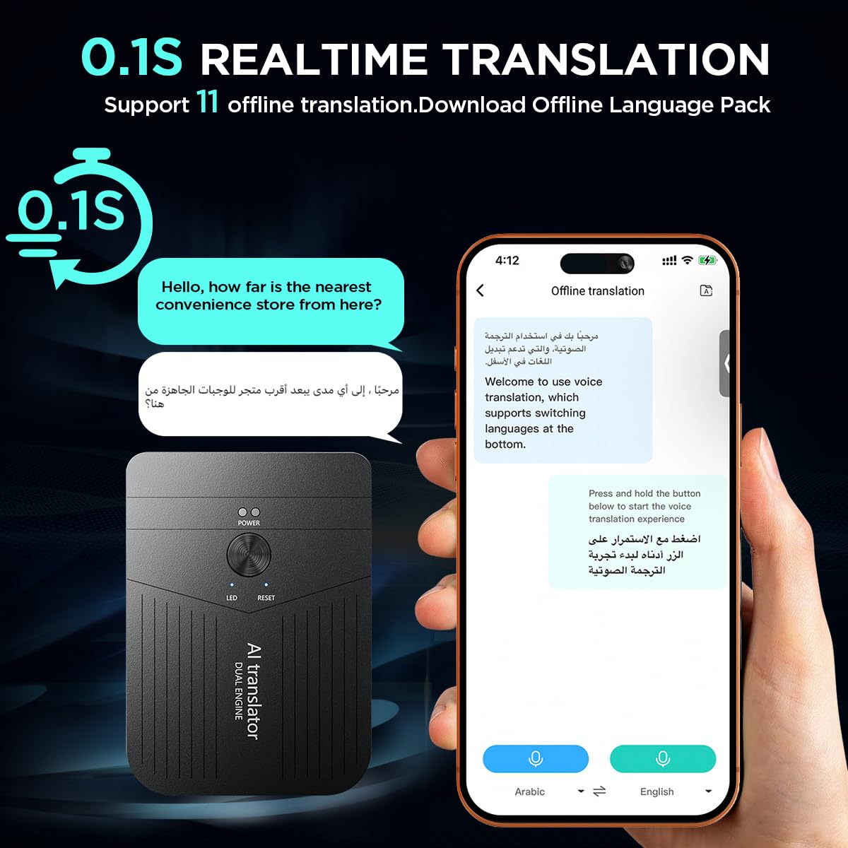 AICase AI Smart Translator,Language Translator Device,App Control,Free AI Transcribe& Summarize,Support 136 Languages,Audio Recorder/Translation forLectures,Meetings,Calls,Travel,Trip.Non-Pro Version