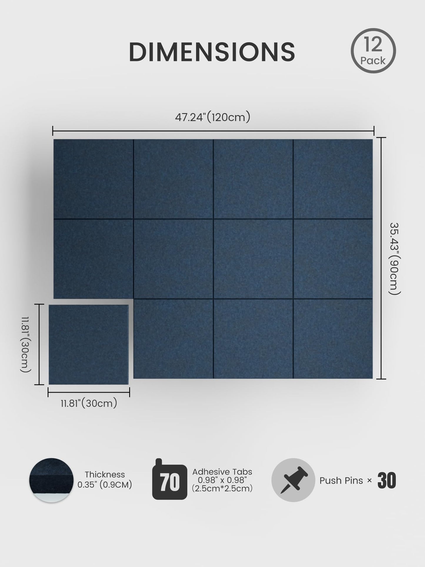 Bumusty Large Cork Board 48" x 36" Alternative - 12 Pack Felt Wall Tiles with 70 Safe Removable Adhesive Tabs, 30 Pushpins, Cork Boards for Walls Pin Board Bulletin Board Office Decor (Navy Blue)