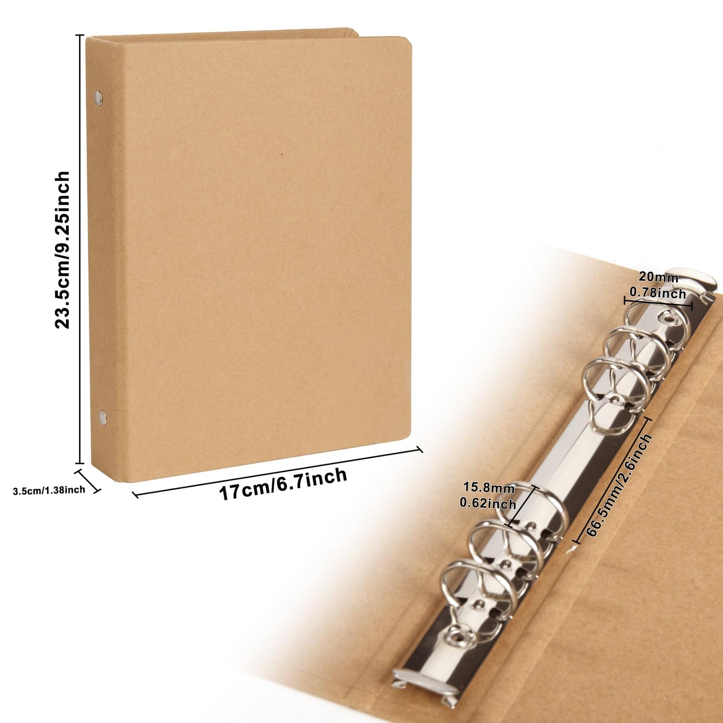 A5 Kraft Binder 6-Holds Round Ring Binder 2 Pack, Durable Binding Hard Cover Protector for Journal,Notebook,Inserted Sheets and Refill Paper,Fit for A5 6-Hole Paper,holds 200 Sheets Capacity (A5 Size)
