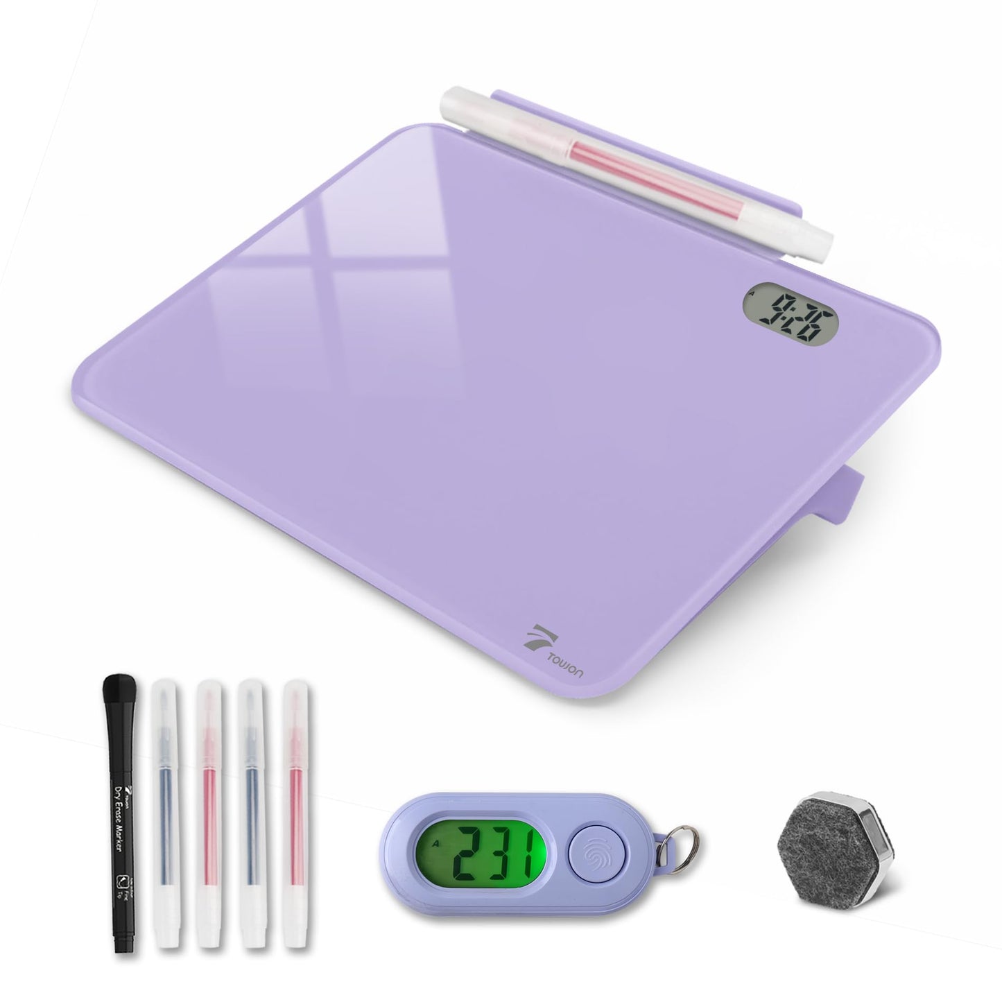 Small Glass Desk Whiteboard Dry-Erase Board with Clock, Small Travel Clock Keychain with Desk Notepad, Time Table Whiteboard for Desk Digital LED Light Display, 8x6 in with Accessories, Purple
