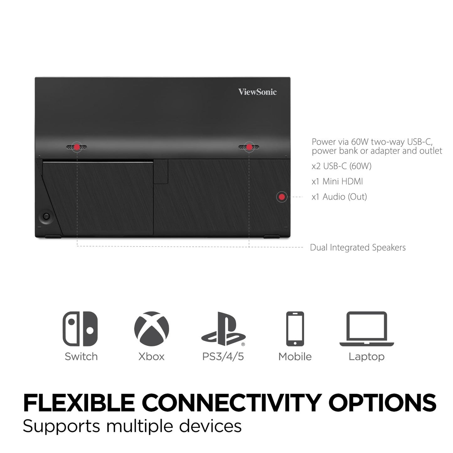 ViewSonic VX1654 16 Inch 1080p Portable Gaming Monitor, IPS Display with 144Hz for Smooth Mobile Workspaces and Fast-Action Gaming, Built-in Stand, 60W USB-C, and Mini HDMI Inputs