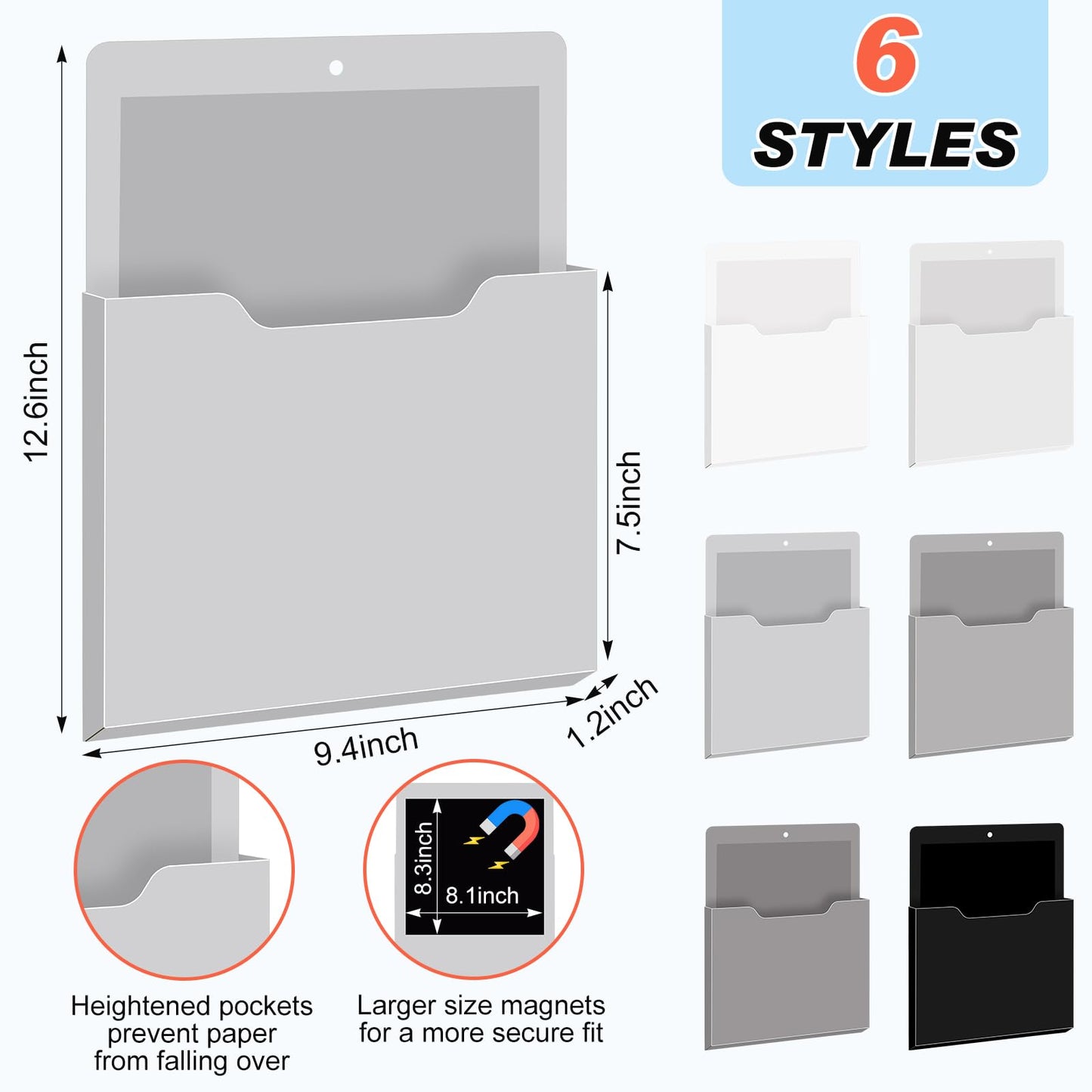 Fuutreo 6 Pcs Magnetic Wall File Organizer Magnetic Wall File Holder Refrigerator Magazine Holder for Mail Letters Paper(Achromatic Colors,Vertical-large)