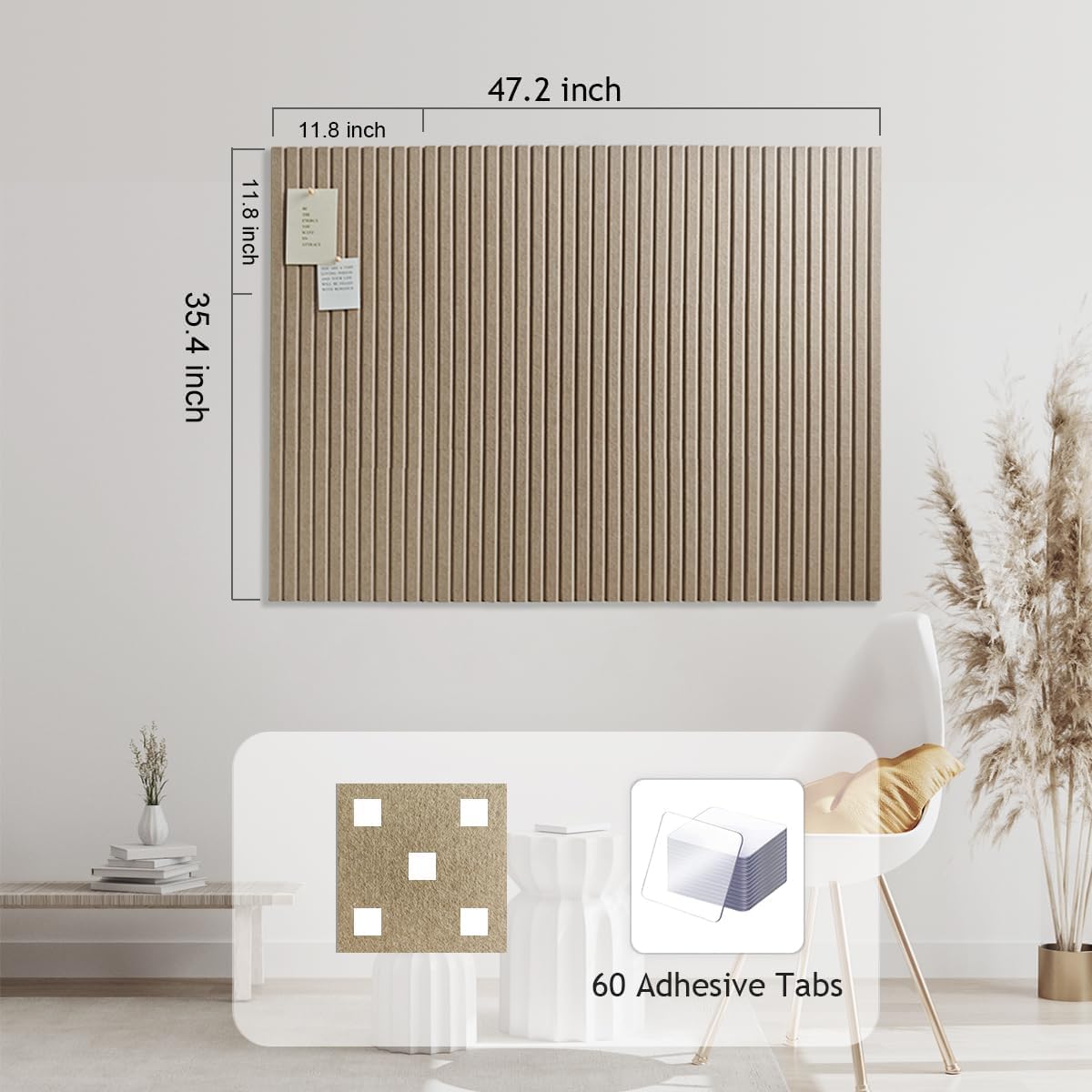 Large Cork Boards for Walls 48"x 36" - 1/2” Thick Bulletin Board, 12 Pack Felt Wall Tiles with Slat Wall Paneling, Pin Board Cork Boards Office - Tan