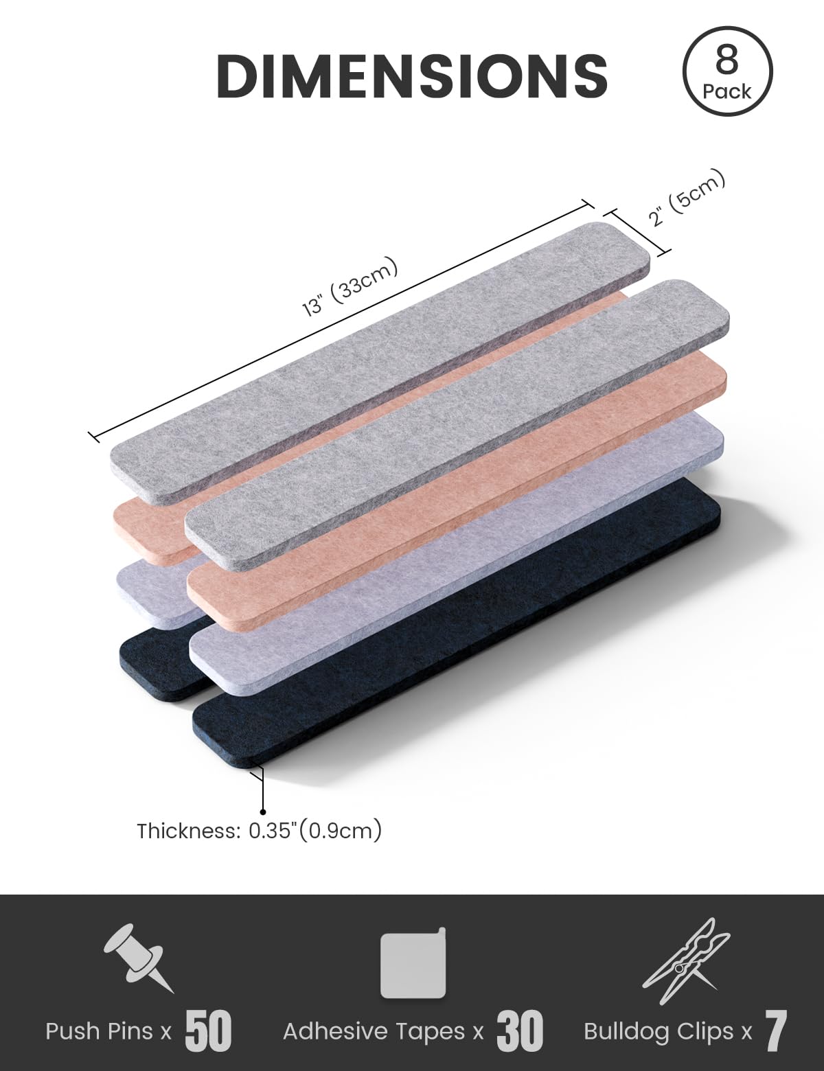 Fluxynara Cork Board Alternative Felt Strip Board 8-Pack 13"x2", Office Pin Board with 50 Push Pins, Adhesive Install for Bedroom Door & Home Office (Nordic Moonlight)