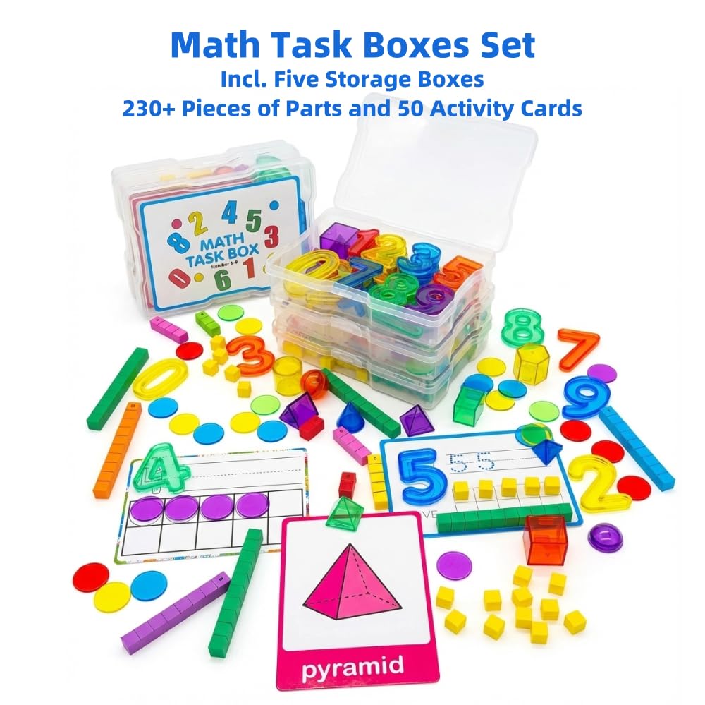 Math Task Boxes Set of 5 Math Manipulatives Themes 230+ Pieces of Number Rods, Base Ten Blocks, Ten Frame Disc Counters, Place Value Blocks, 0-9 Numbers, 3D Shapes, Counting Blocks Activity Cards