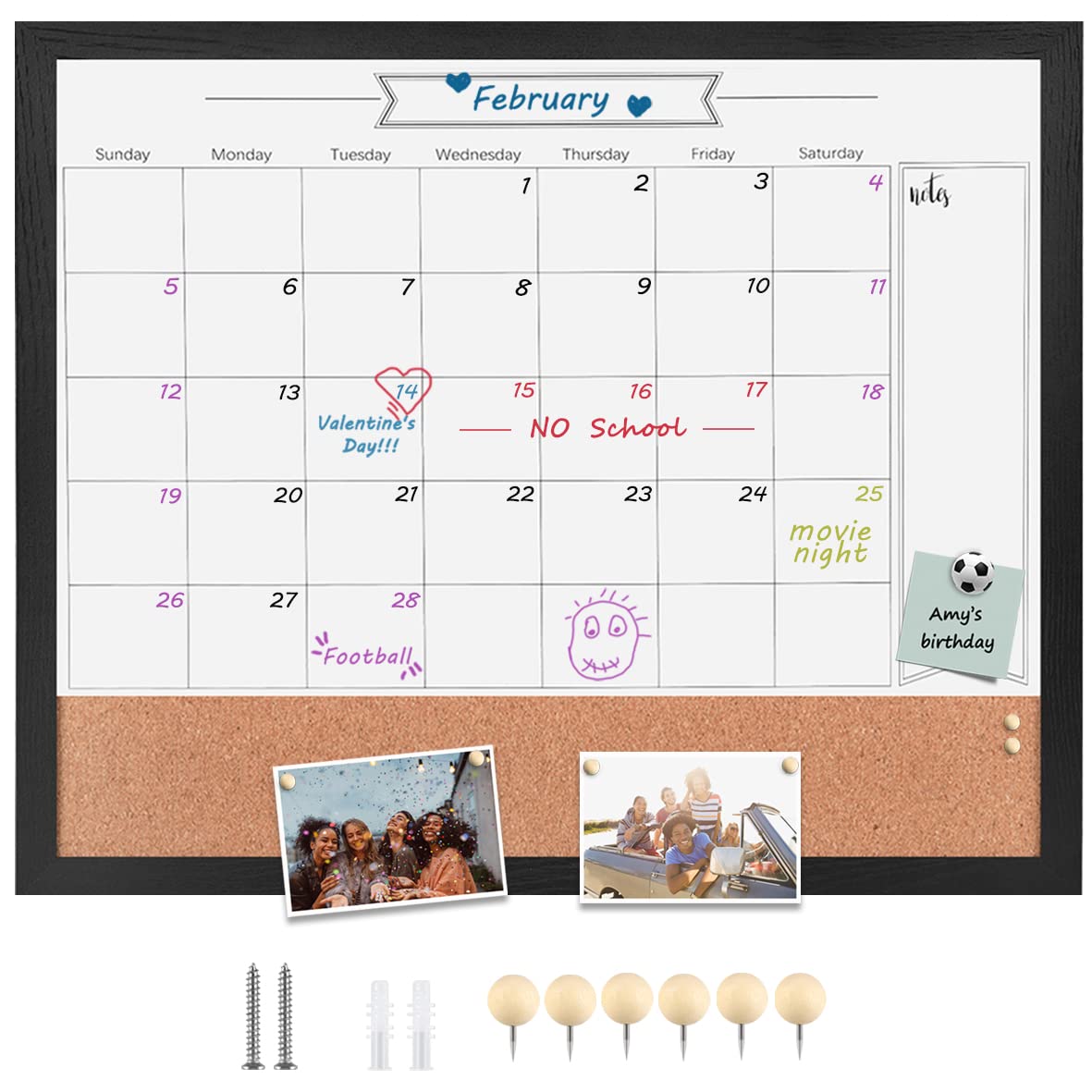 Dry Erase Calendar Whiteboard for Wall, Combination Magnetic Dry Erase White Board & Bulletin Board, 23.6" x 31.5" Wood Framed Calendar/Cork Combo Board(BK-6080)