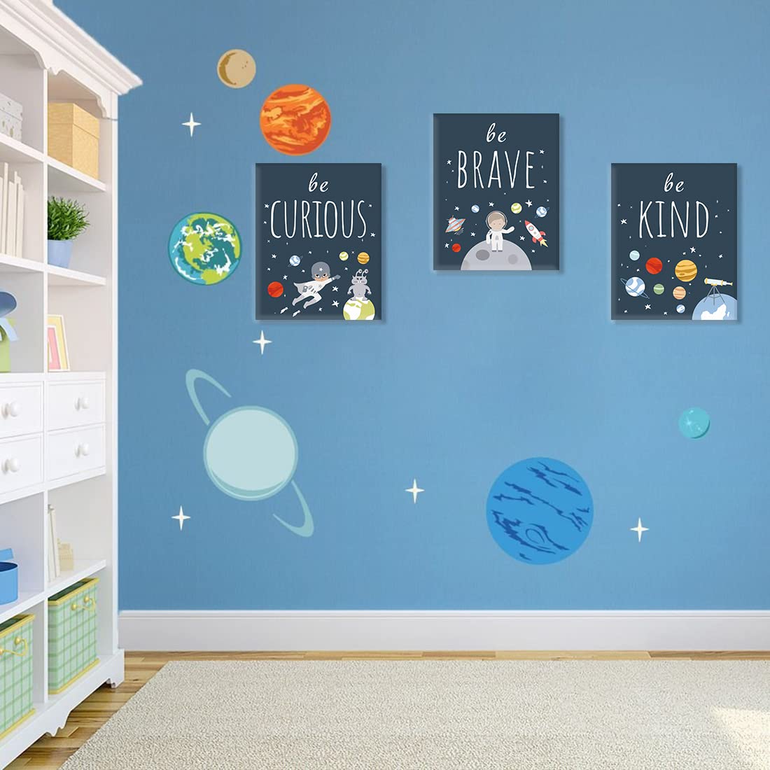 CHDITB Outer Space Canvas Wall Art, Abstract Universe Planet Print, Be Kind Inspirational Space Poster For Kids Room Boys Bedroom Nursery Playroom Decor-Set Of 4 (8” X 10”) Framed Ready To Hang