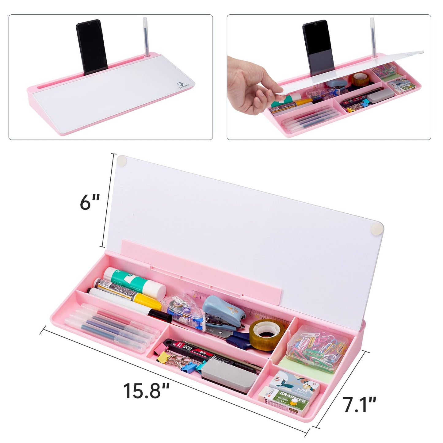 TSJ OFFICE Desktop Whiteboard Dry-Erase-Board - Computer Keyboard Stand White Board Surface Pad with Drawer, Desk Organizers with Accessories for Office, Home, School Supplies - Pink