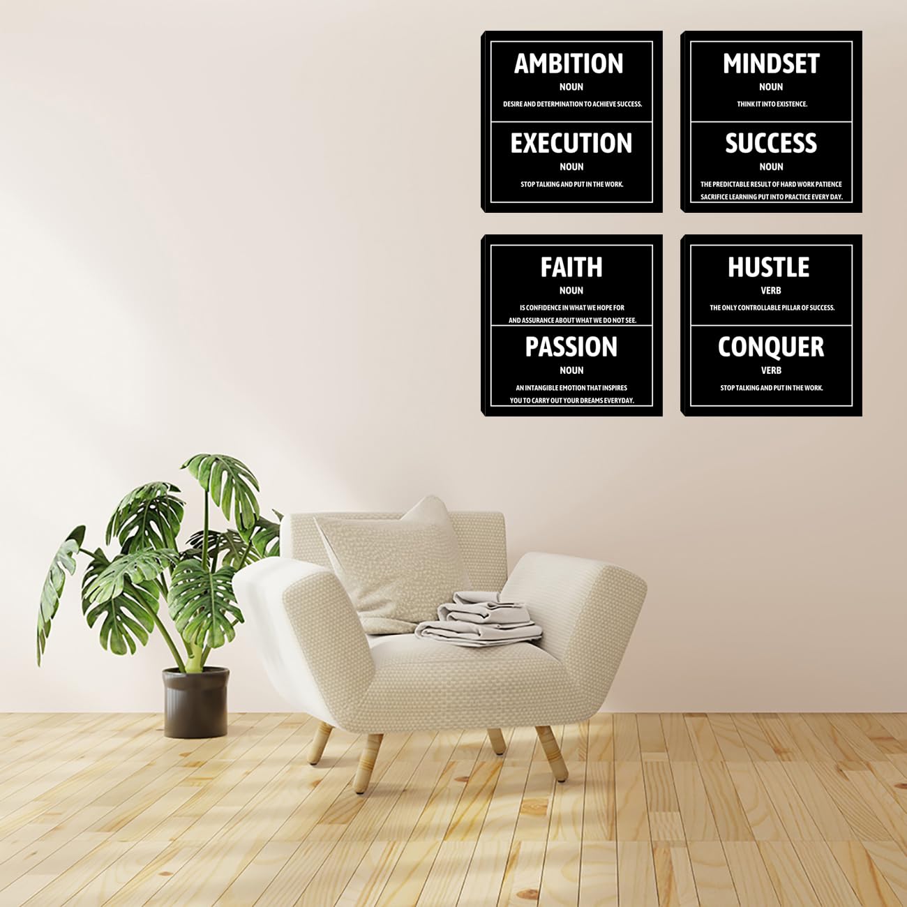 Motivational Office Wall Decor Inspirational Success Canvas Wall Art Hustle Mindset 3 Pieces Posters Prints Wall Picture Artwork Home Living Room Bedroom Framed Ready to Hang - 12"x12"x4PCS