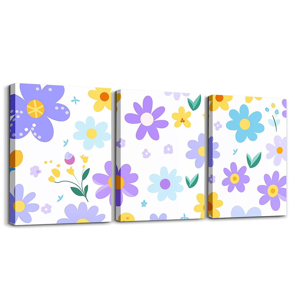 Feelyou Cute Flower 3 Piece Canvas Wall Art for Living Room Bedroom Cartoon Cute Floral Office Decor Artwork Purple Yellow Wall Art for Home Decor Kawaii Picture Posters