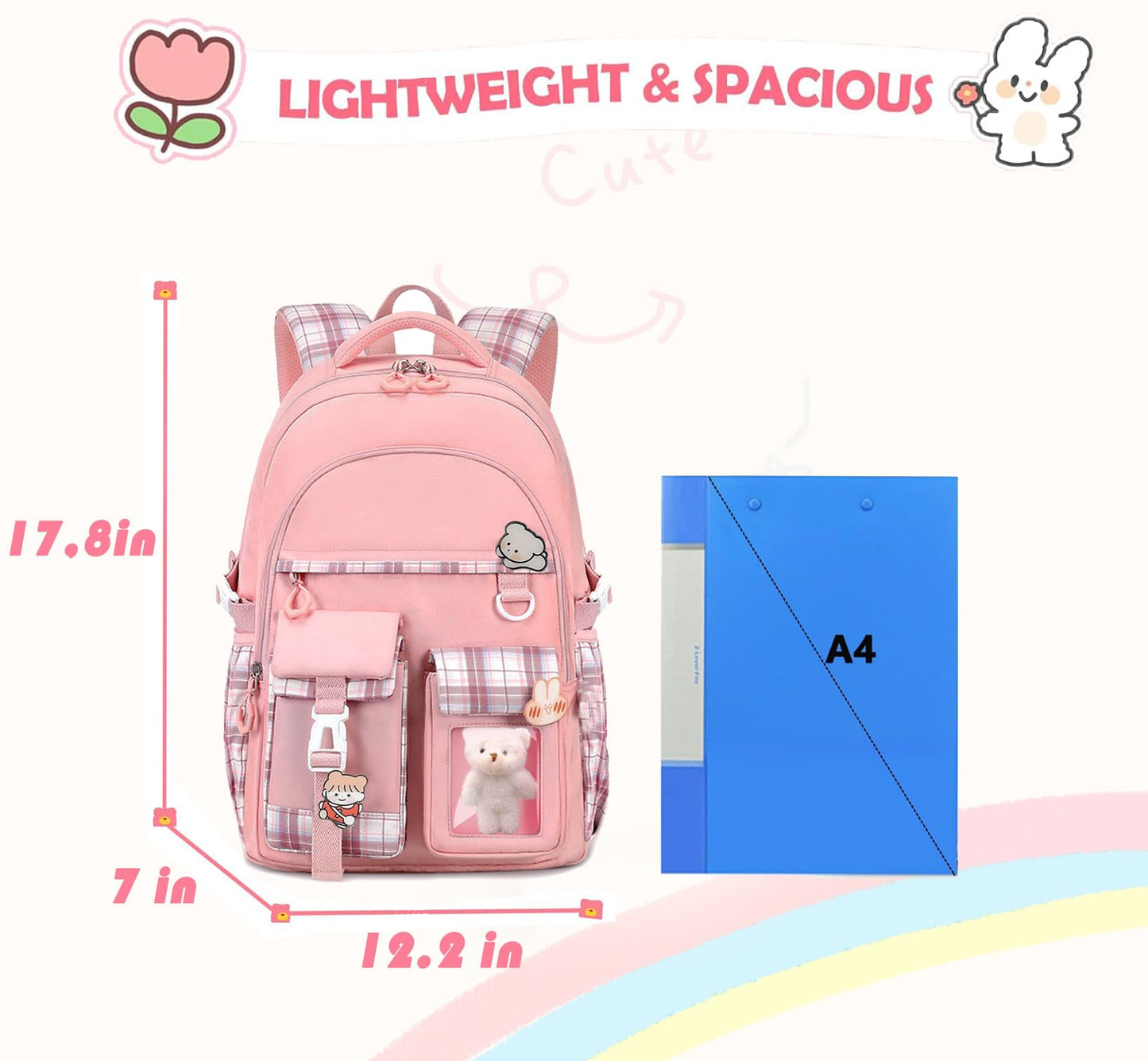 PRLINJSK Girls Backpack，Cute School Backpack for Girls Kids Teens，Kawaii Bookbag for Primary Elementary，Pink