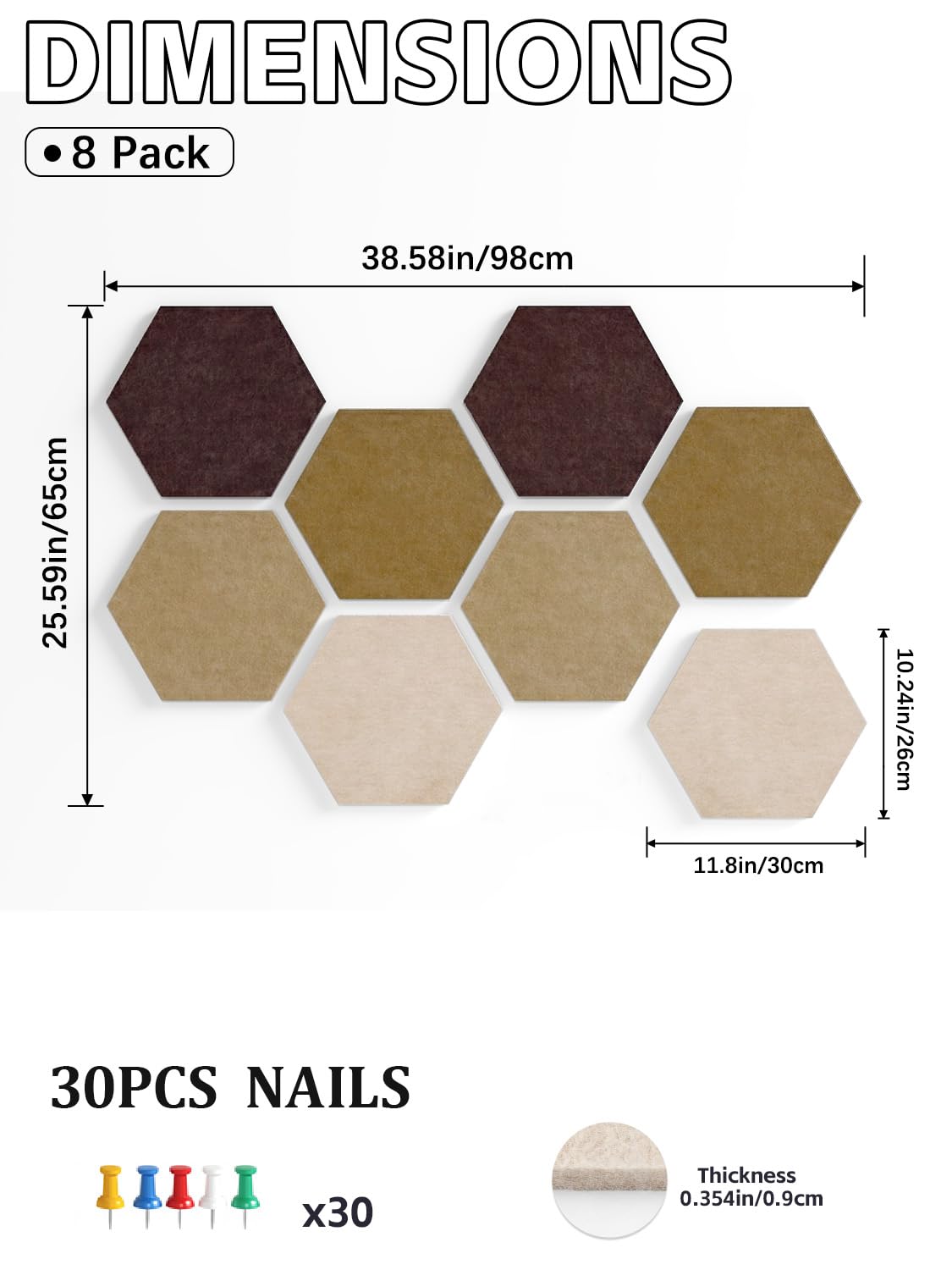 Uoisaiko 8 Pack Hexagon Felt Bulletin Board Tiles - 12" Large Thick Pin Board for Walls with 30 Push Pins, DIY Boards for Office Home School Decor, Aesthetic Hex Cork Board Alternative