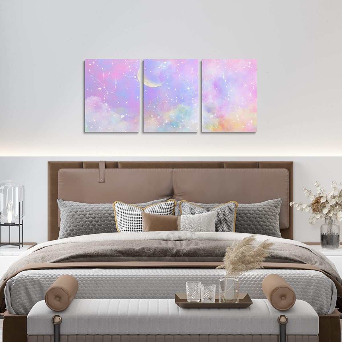 Feelyou Purple Pink Galaxy 3 Piece Canvas Wall Art for Living Room Bedroom Moon Star Wall Art for Home Decor Solar System Office Wall Decor Cloud Galaxy Wall Painting