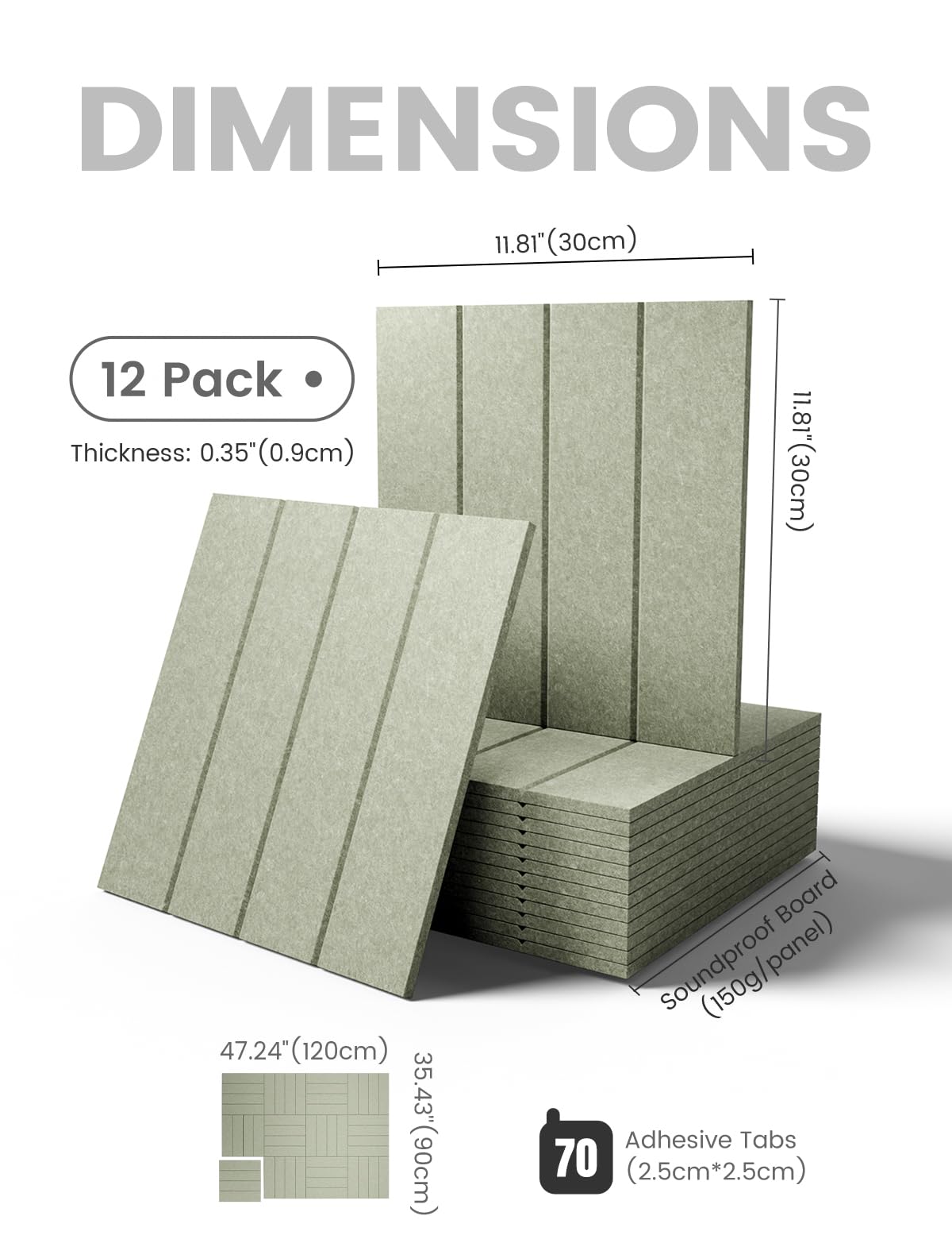 Fluxynara Felt Bulletin Board Tiles Large 48" x 36" Cork Board Alternative-12 Pack with 70 Adhesive Tabs, Thick Slat Wall Panels for Office Decor, Push Pin Board Wall Organizer Alternative-Sage Green